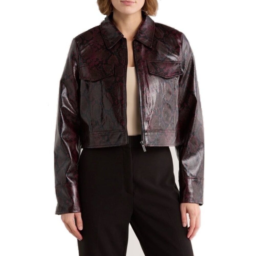Faux Leather Moto Jacket Black Python Print Zip-U… - image 2